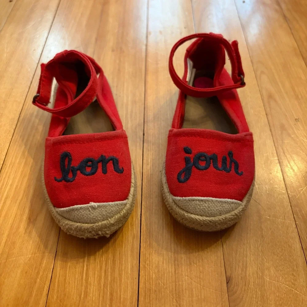 Gymboree Girls Red Canvas Bon Jour Embroidered Espadrille Ankle Strap Shoes 9
